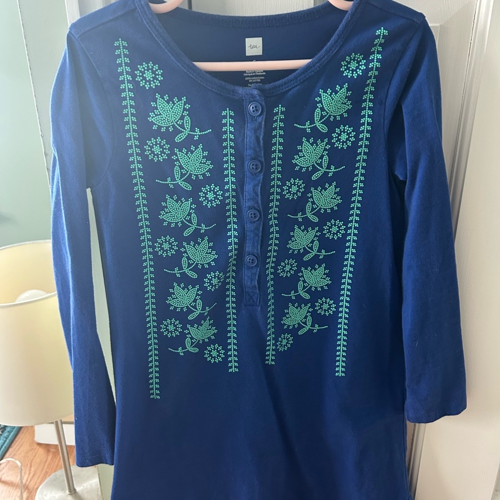 Tea Collection Blue Dress with Green Floral Design